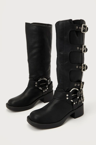 Lulus Jayliah Black Belted Slip-on Knee-high Moto High Heel Boots