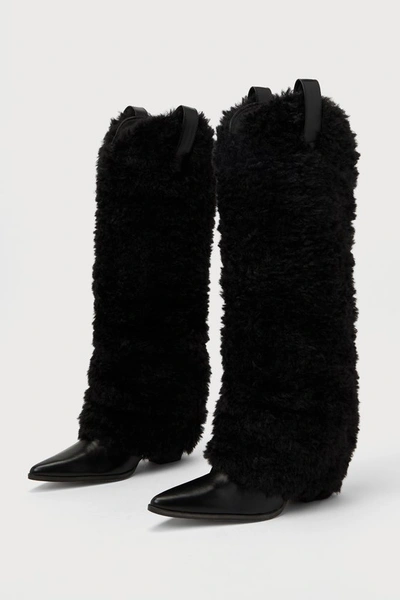 Lulus Loreta Black Faux Fur Foldover Knee-high High Heel Boots