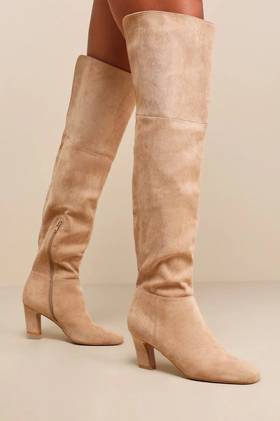 Lulus Lilo Mushroom Brown Suede Square-toe Over-the-knee High Heel Boots