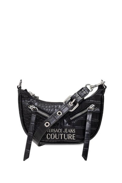 Versace Jeans Couture Logo-plaque Croc-embossed Shoulder Bag In Black
