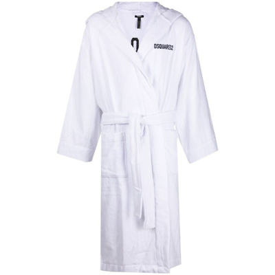 Dsquared2 Logo Embroidered Belted Bath Robe In White