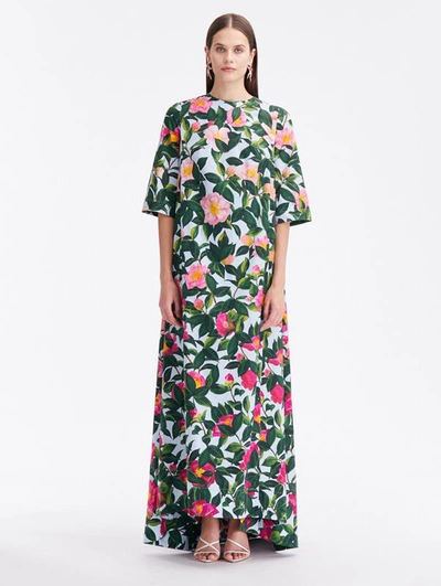 Oscar De La Renta Pleated Floral-print Cotton-blend Poplin Maxi Dress In Light Blue