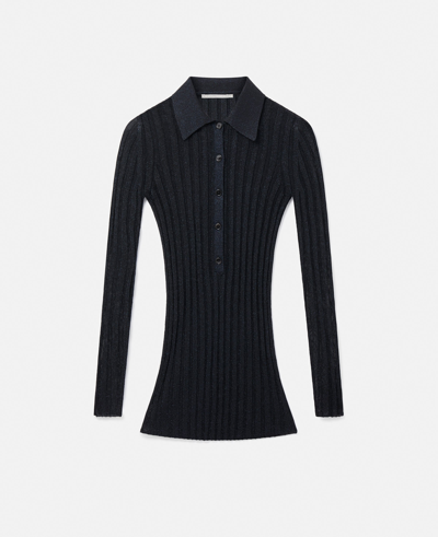 Stella Mccartney Lurex Rib Knit Polo Top In Blue