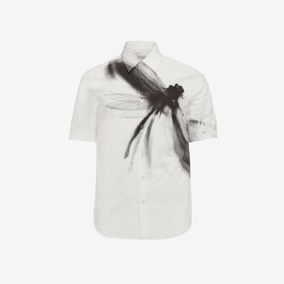 Alexander Mcqueen Men's Cotton Poplin Dragonfly Print Short-sleeve Shirt In White Black