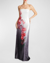 HALSTON SPENCER STRAPLESS FLORAL-PRINT SEQUIN GOWN