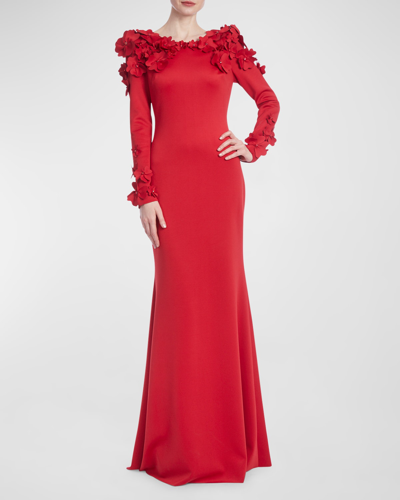 Badgley Mischka Long-sleeve Floral Applique Trumpet Gown In Red