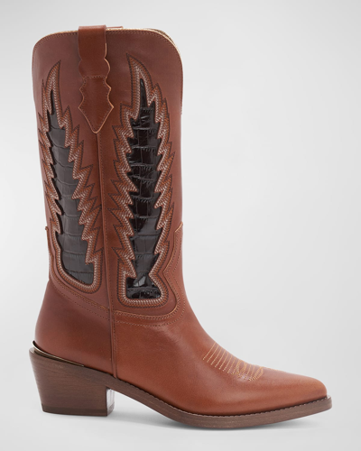 Partlow Whitney Mixed Leather Western Boots In Cuoio