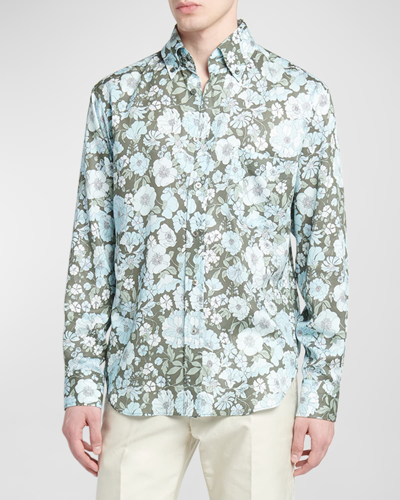 Tom Ford Button-down Collar Floral-print Lyocell Shirt In Blue