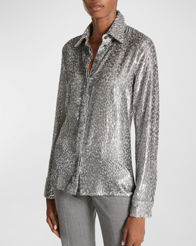 Michael Kors Hansen Metallic Cheetah Button-front Shirt In Silver