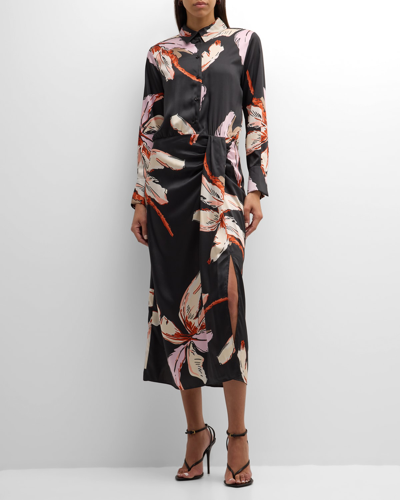 Marella Alghero Draped Floral-print Midi Shirtdress In Black Palms