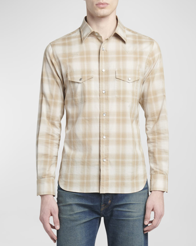 Tom Ford Dégradé Plaid Brushed Cotton Snap-up Western Shirt In Combo Sand