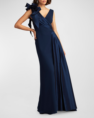 TADASHI SHOJI SLEEVELESS DRAPED RUFFLE CREPE GOWN