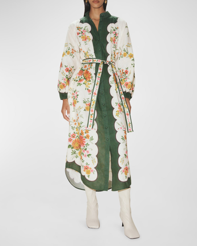 Alemais Elisabetta Belted Floral-print Linen Midi Shirt Dress In Forest