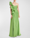 Badgley Mischka Botanical Leaf Ruched Ruffle Sweetheart Gown In Aloe