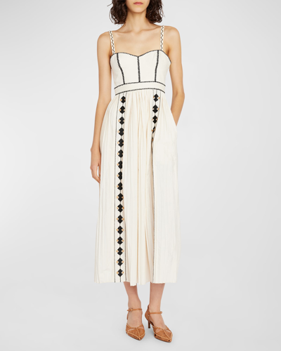 Ulla Johnson Elin Embroidered Poplin Pleated Bustier Midi Dress In Ivory