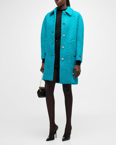 Versace Rounded Wool Boucle Coat In Glacier Green