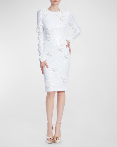 Badgley Mischka Floral Applique Sequin Bodycon Midi Dress In White