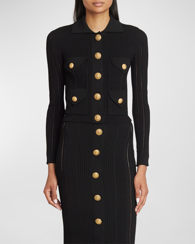 Balmain Ribbed Texture Knit Cardigan With Gold Buttons In Black