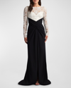 TADASHI SHOJI PLEATED TWO-TONE CREPE & LACE COLUMN GOWN