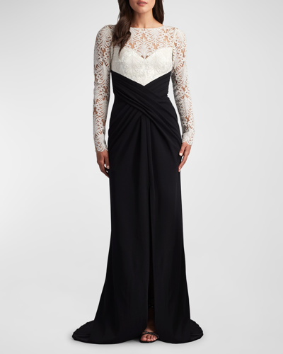 Tadashi Shoji Pleated Two-tone Crepe & Lace Column Gown In Ivory/black