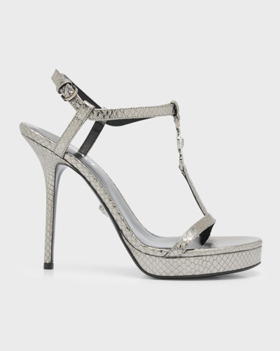 Versace Medusa Metallic T-strap Platform Sandals In Anthracite-ruthen