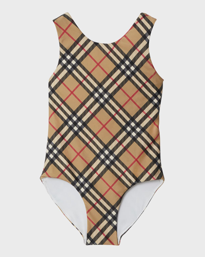 Burberry Kids' Girl's Tirza Check One-piece Swimsuit In Archive Beige