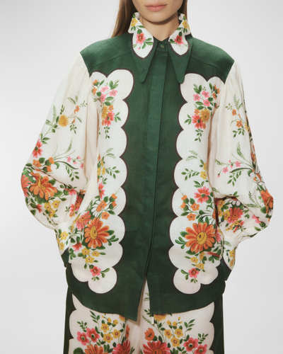 Alemais Elisabetta Floral Linen Point-collar Shirt In Forest