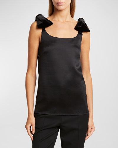 Chloé Bow-embellished Velvet-trimmed Wool And Silk-blend Satin Top In Black
