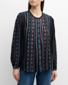 JOHNNY WAS CALICO PLEATED EMBROIDERED RUFFLE-TRIM BLOUSE
