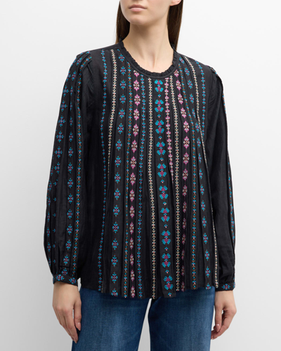 Johnny Was Calico Pleated Embroidered Ruffle-trim Blouse In Black
