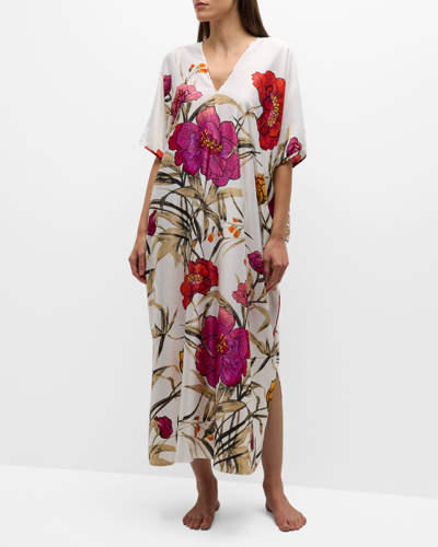 Natori Anais Floral-print Charmeuse Caftan In Alabaster Combo