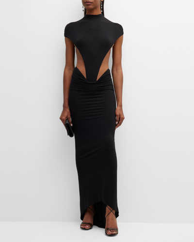 Laquan Smith Low-rise Draped High-low Maxi Skirt In Black