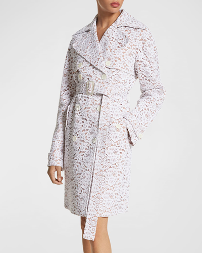 Michael Kors Corded Floral Lace Belted Trench Coat In Optic White
