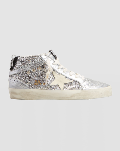 Golden Goose Mid Star Glitter Wing-tip Sneakers In Silver Ice White