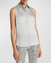 Michael Kors Hansen Sleeveless Satin Collared Shirt In Pearl