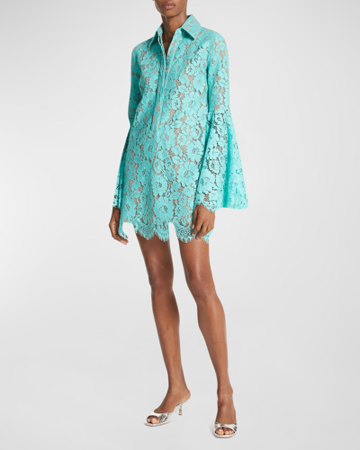 Michael Kors Floral Lace Flare-sleeve Mini Shirtdress In Seafoam