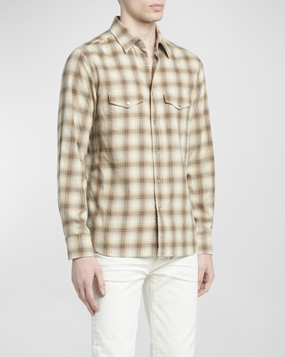 Tom Ford Men's Gradient Check Western Button-down Shirt In Brown