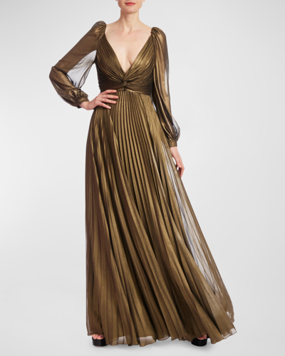 Badgley Mischka Pleated Metallic Twist-front A-line Gown In Gold