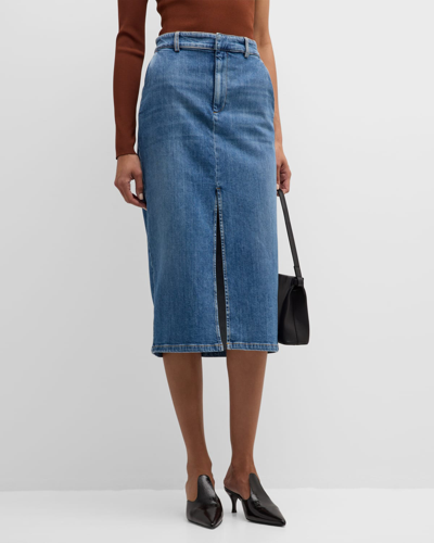 Marella Cast Front-slit Straight Denim Midi Skirt In Blue Jeans Dark