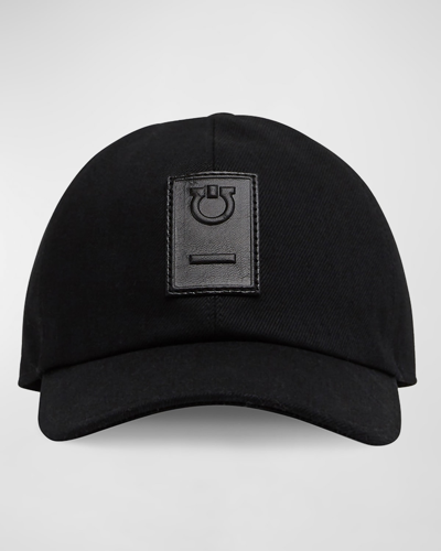 Ferragamo Men's Cotton And Leather Gancini Baseball Hat In Black