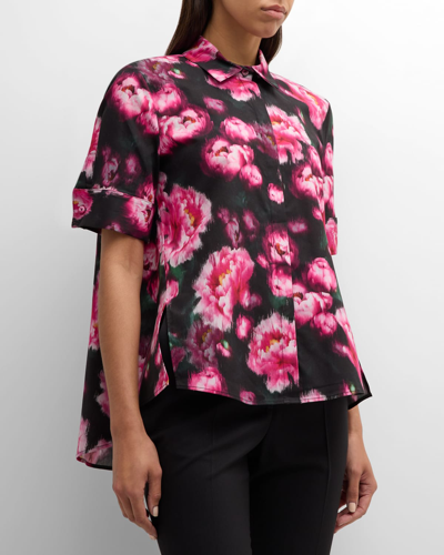 Adam Lippes Floral Print Stretch Poplin Trapeze Shirt In Black Floral