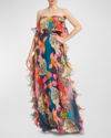 BADGLEY MISCHKA PLEATED STRAPLESS FLORAL-PRINT RUFFLE GOWN