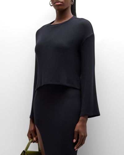 Anemos Bell Sleeve Boxy Crop Sweater In Modal Knit In Black