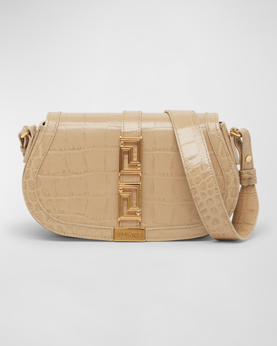 Versace Greca Goddess Croc-embossed Shoulder Bag In Sand  Gold
