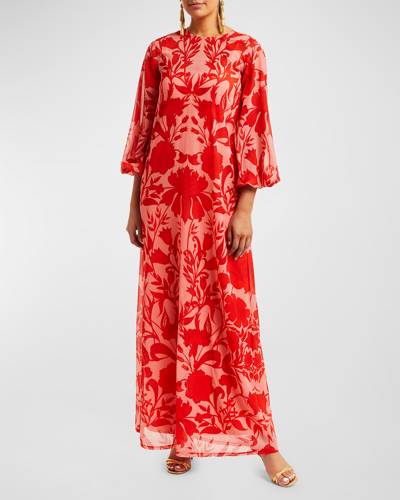 Mestiza New York Luzon Blouson-sleeve Floral-print Chiffon Gown In Pink Red