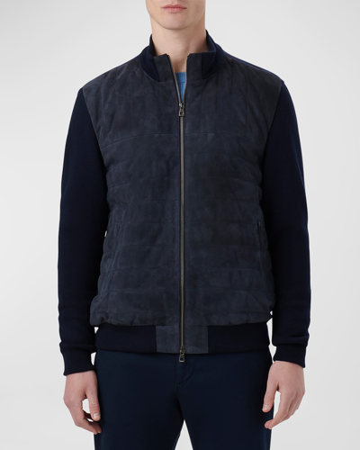 Bugatchi Quilted Suede Panel Sweater Jacket In Navy
