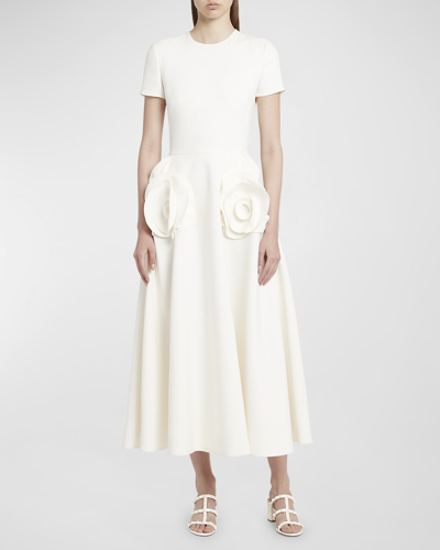 Valentino Rosette Hip Short-sleeve Midi Dress In Ivory