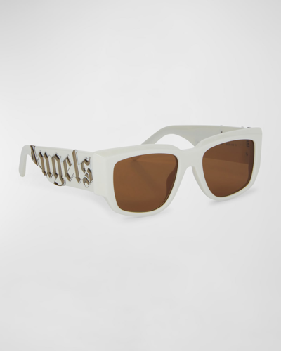 Palm Angels Men's Laguna Maxi-logo Restangle Sunglasses In White/brown