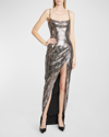 Balmain Shiny Python Gown With Chain Detail In Greyblack