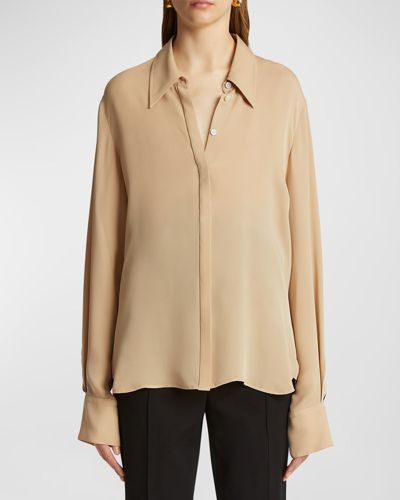 Khaite Minta Silk Collared Top In Beige